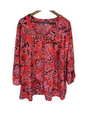Catherines Paisley Print Button Down Blouse In Coral Red & Purple Size 3X